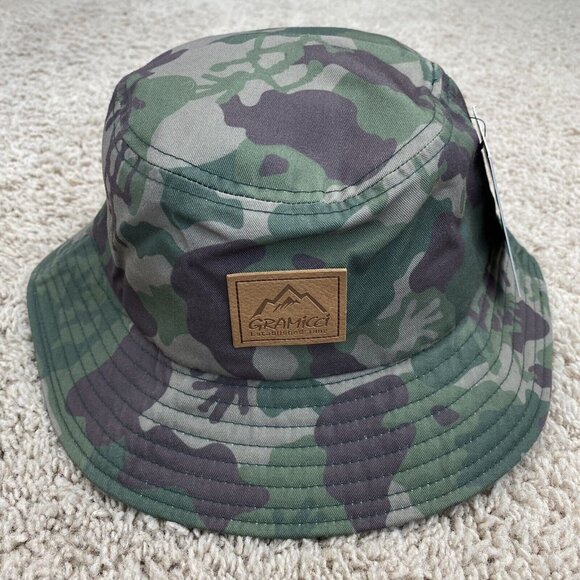 Gramicci Bucket Hat Running Man Olive Camouflage S/M Outdoor Adventure Cap NWT - Picture 2 of 8